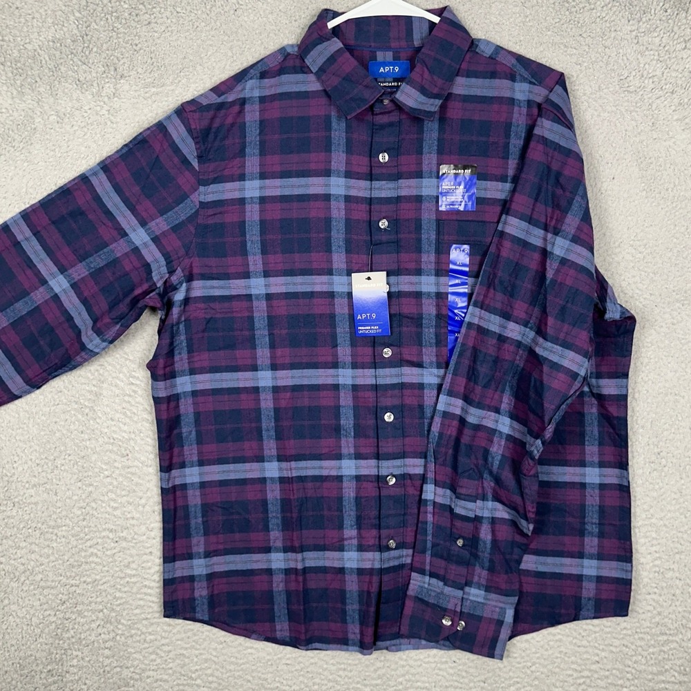 NEW Apt. 9 Shirt Mens XL Premier Flex Untucked Fit Purple Blue Plaid Button Down
